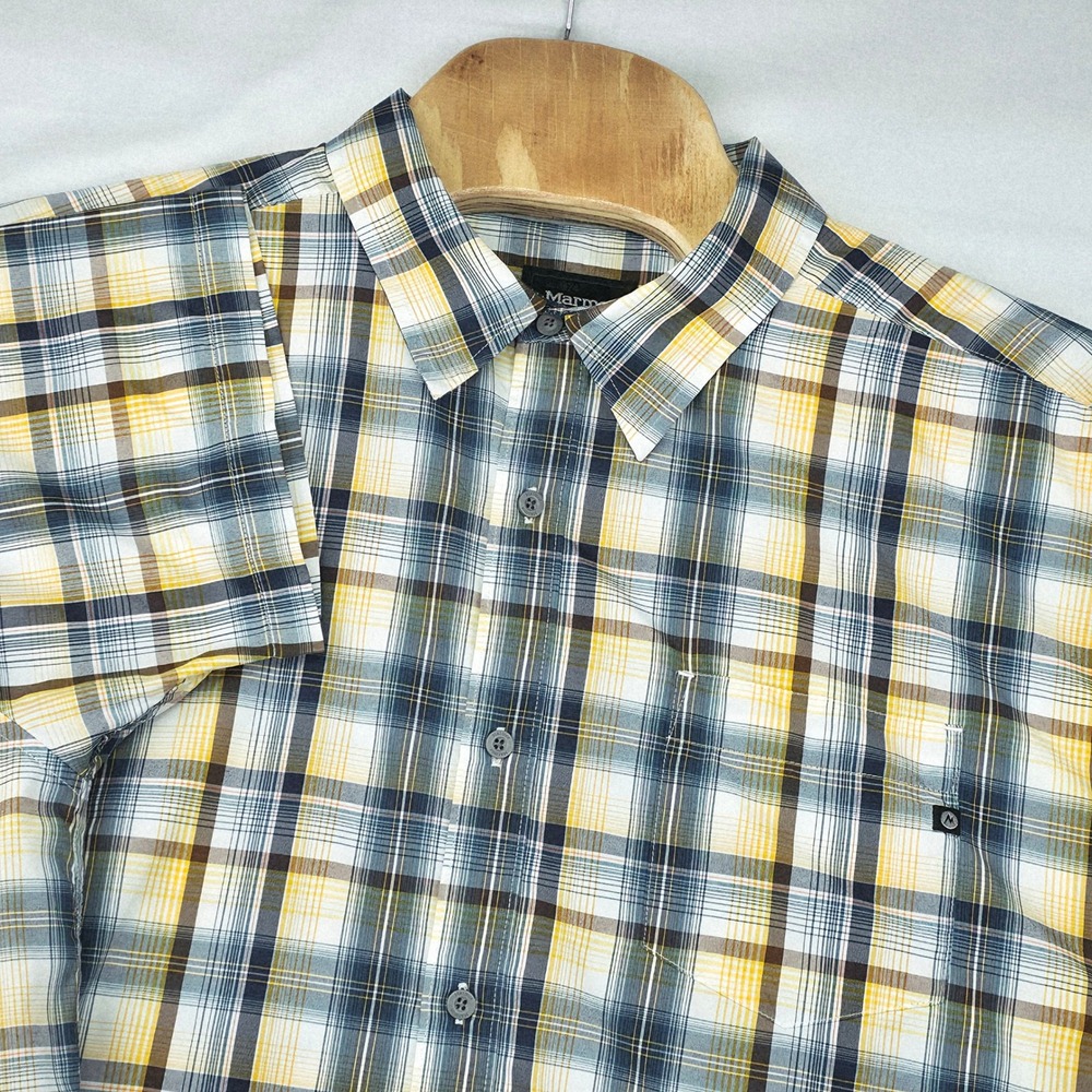 Marmot Button Up Shirt Mens XXL Yellow Blue Plaid Short Sleeve Hiking Outdoor